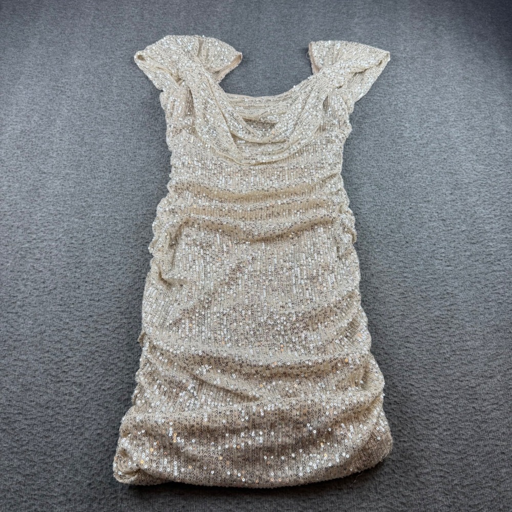 Hello Molly Sequin Ruched Dress Women's US 6 Champagne Gold Cowl Neck Mini Dress